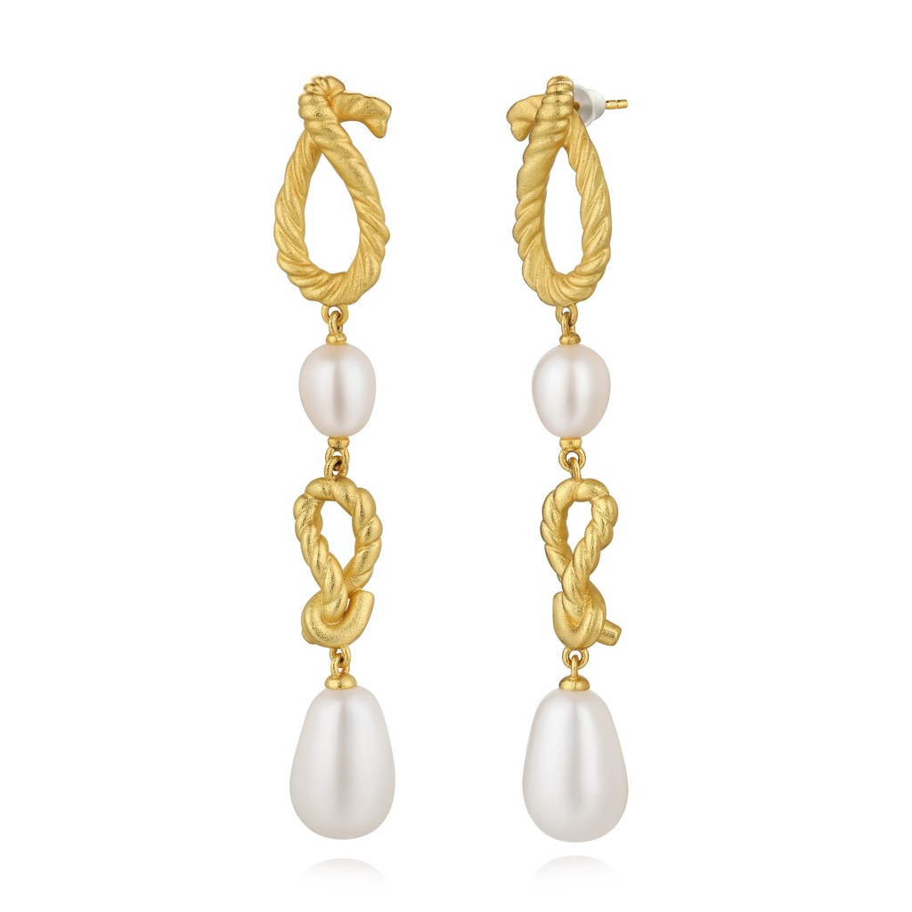 Multi-Link Knot and Pearl Long Drop Earrings
