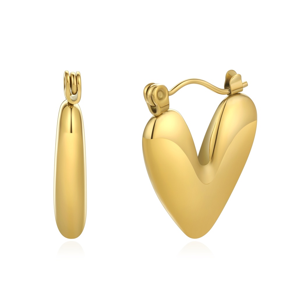Bold Polished Heart Hoop Earrings in Gold Stainless Steel