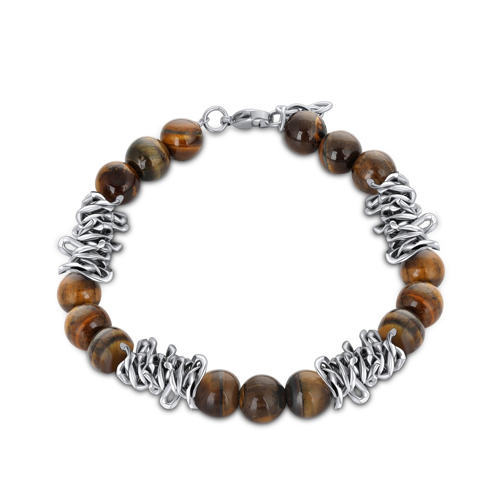 Natural Tiger Eye Bracelet with Silver Stainless Steel Knot Accents