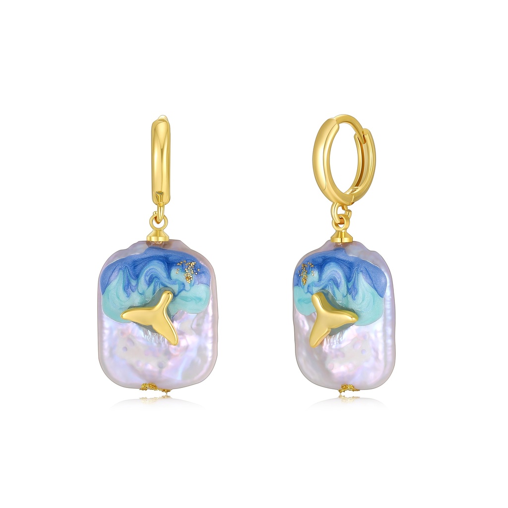 Ocean-Inspired Baroque Pearl Drop Earrings with Dolphin Design
