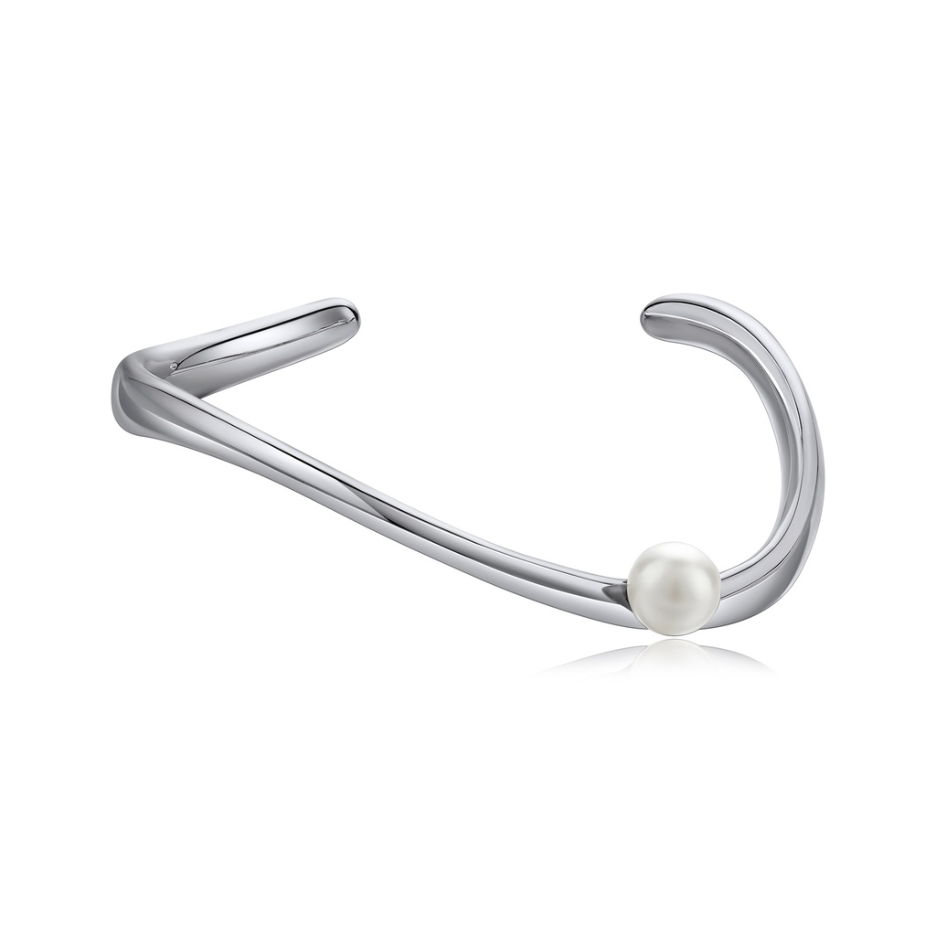 Open Curve Pearl Accent Polished Minimalist Silver Brass Cuff