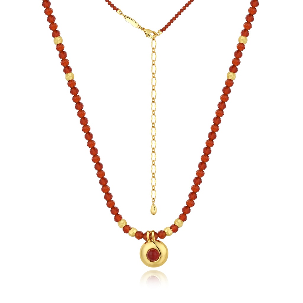 Orange-Gold Beaded Brass Necklace with Radiant Red Centerpiece
