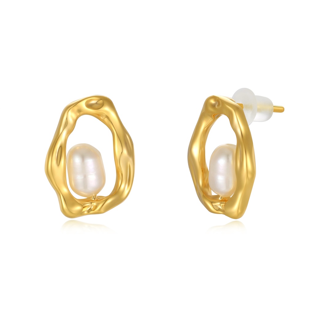 Organic Gold Open Stud Earrings with Floating Pearl Center