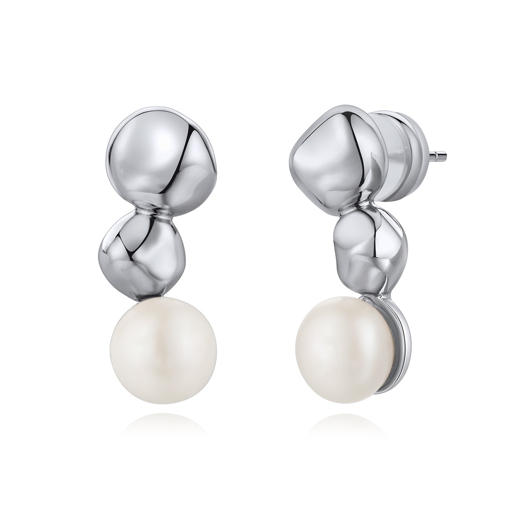 Organic Silver Brass Stud Earrings with Bold Pearl Detail
