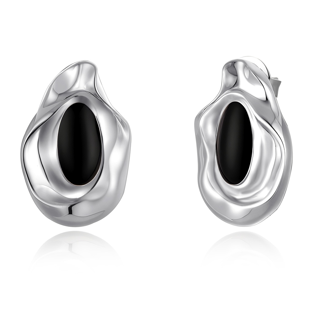 Organic Wave Silver Earrings with Black Oval Inlay