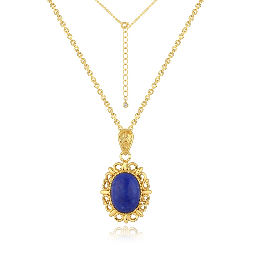 Ornate Gold Pendant with Classic Blue Cabochon Center