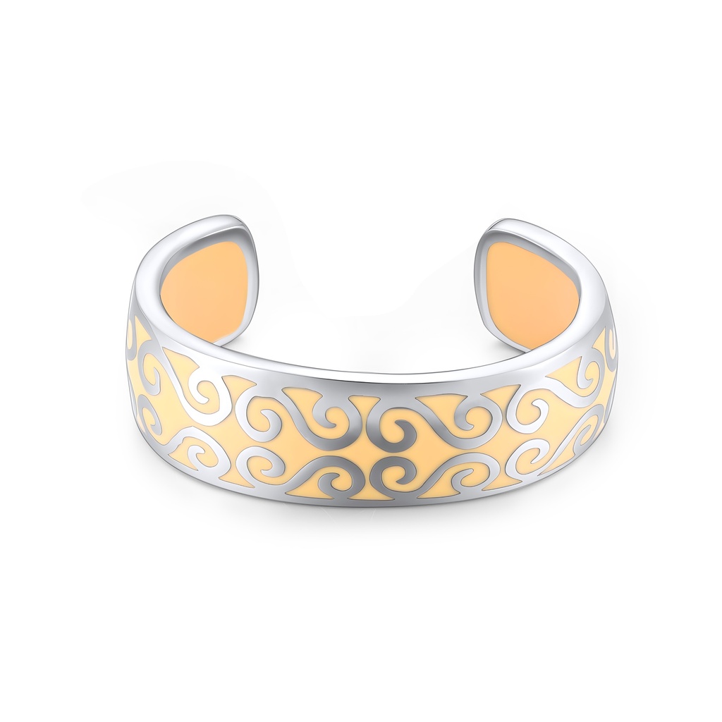 Ornate Scroll Enamel Stainless Steel Ring with Open Band Design