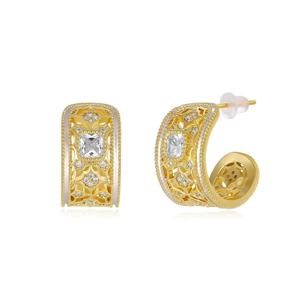 Ornate gold half hoops with vintage filigree and sparkling stones.
