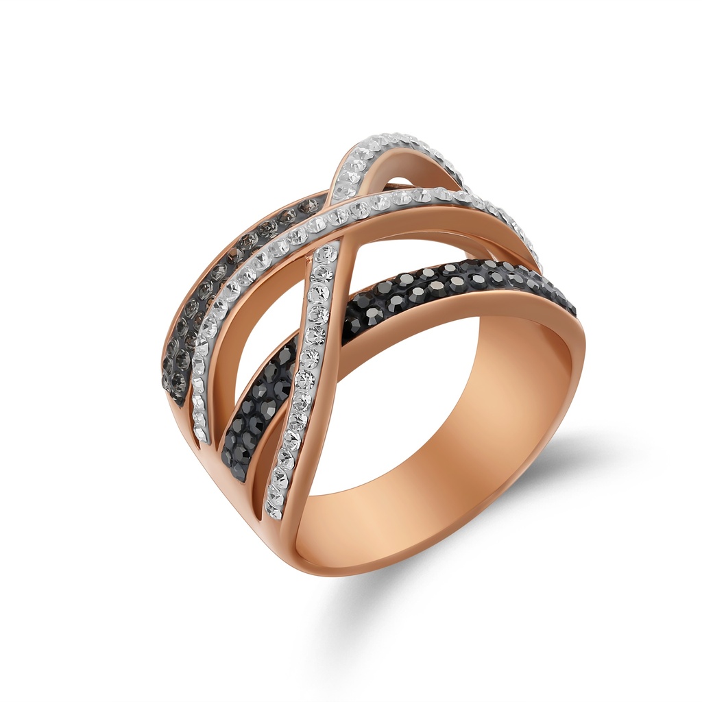 Bold Rose Gold Ring – Crisscross Design, Sparkling Dual Crystal Layers
