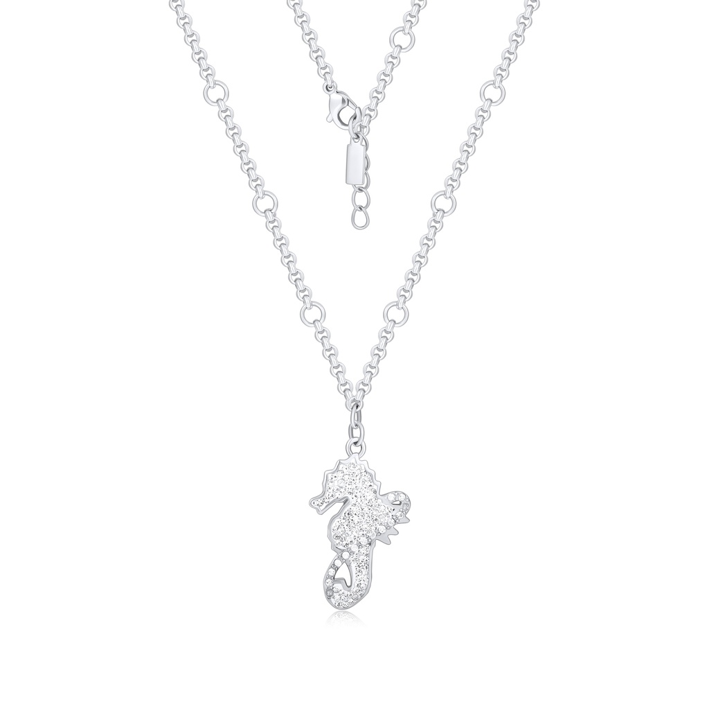 Pavé Seahorse Pendant Necklace in Stainless Steel, Adjustable Silver Chain