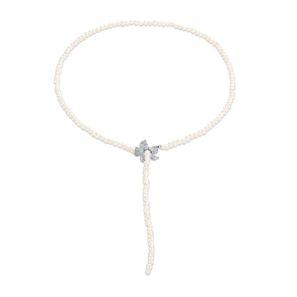 Pearl Choker Necklace with Silver Bow Accent Drop