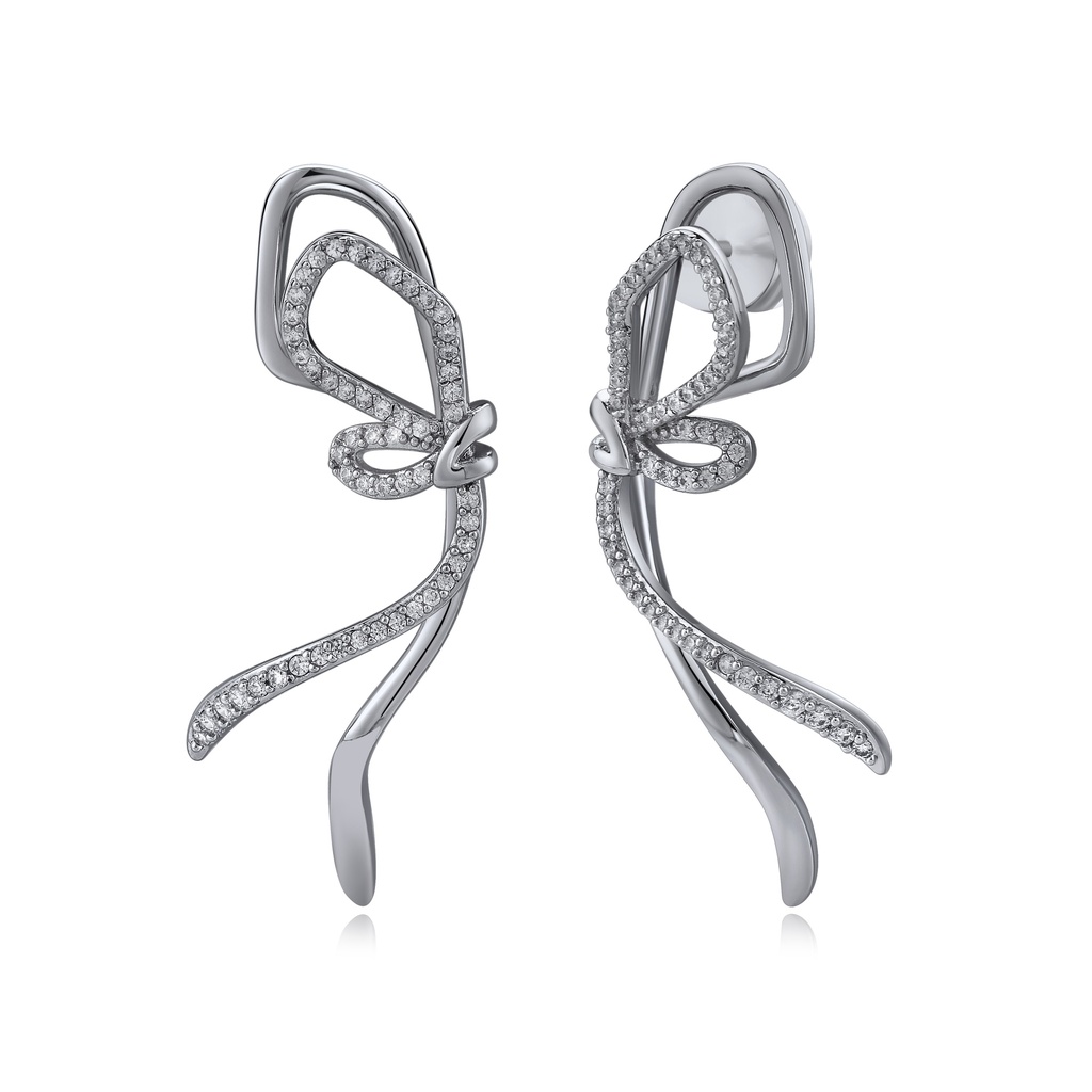 Pearl Embellished Ribbon Stud Earrings with Sparkling Stones