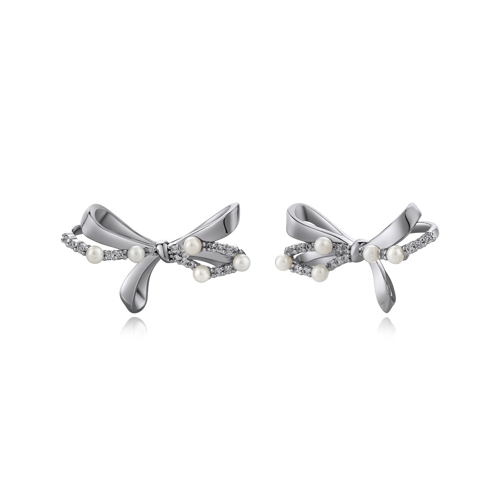 Pearl Embellished Ribbon Stud Earrings with Sparkling Stones