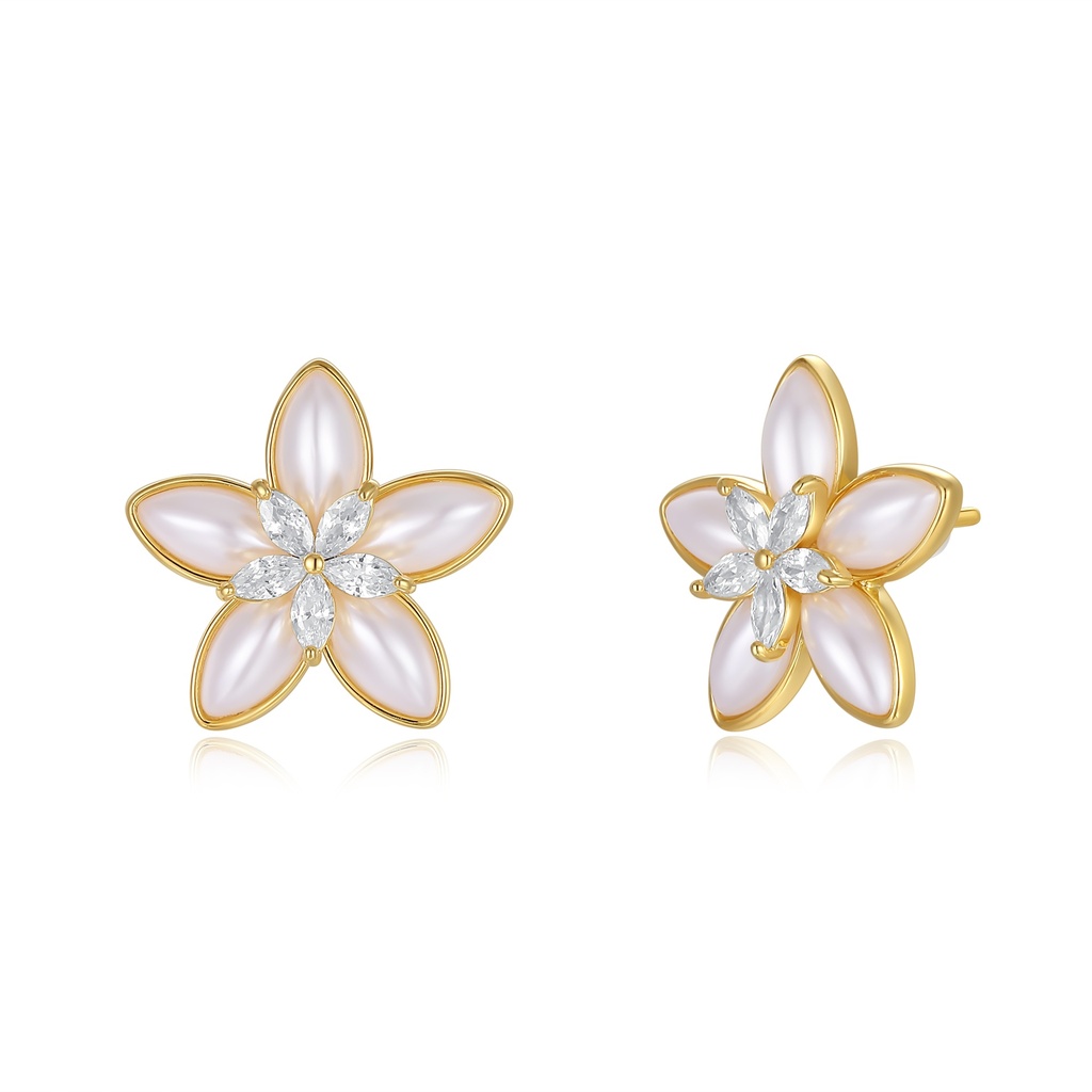 Pearl Petal Flower Stud Earrings With Crystal Accents