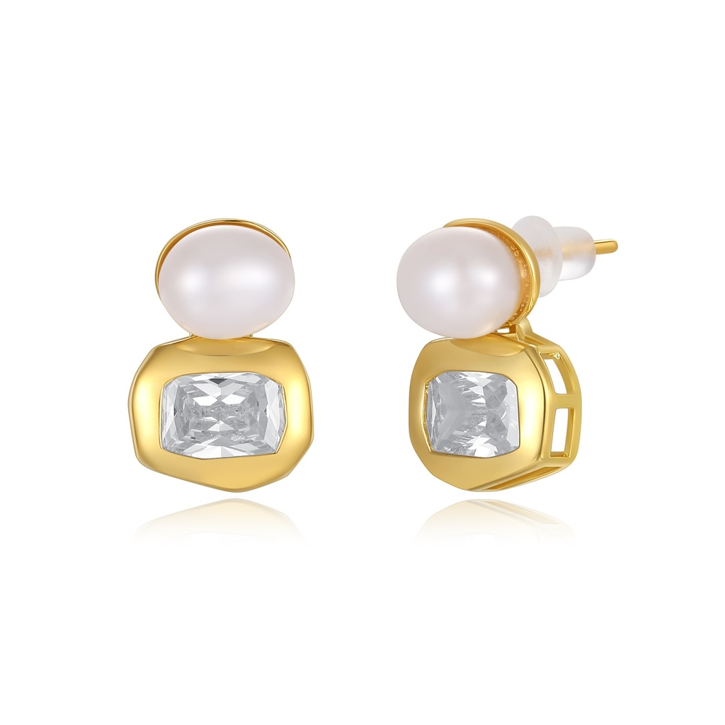 Pearl and Crystal Geometric Studs, Dual-Element Elegant Brass Earrings