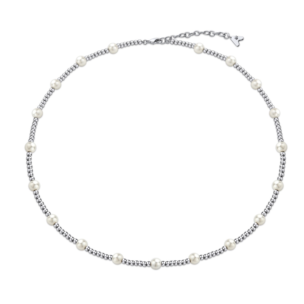 Pearl-Embellished Silver Brass Choker Necklace with Elegant Charm