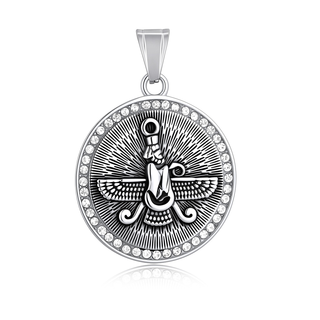 Persian Faravahar Symbol Stainless Steel Pendant with CZ Accents