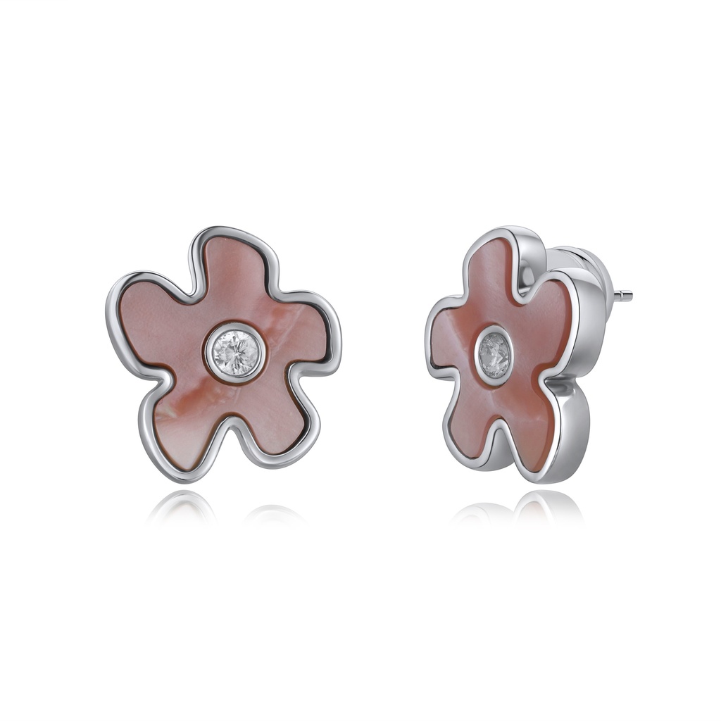 Pink Flower Stud Earrings with CZ Center
