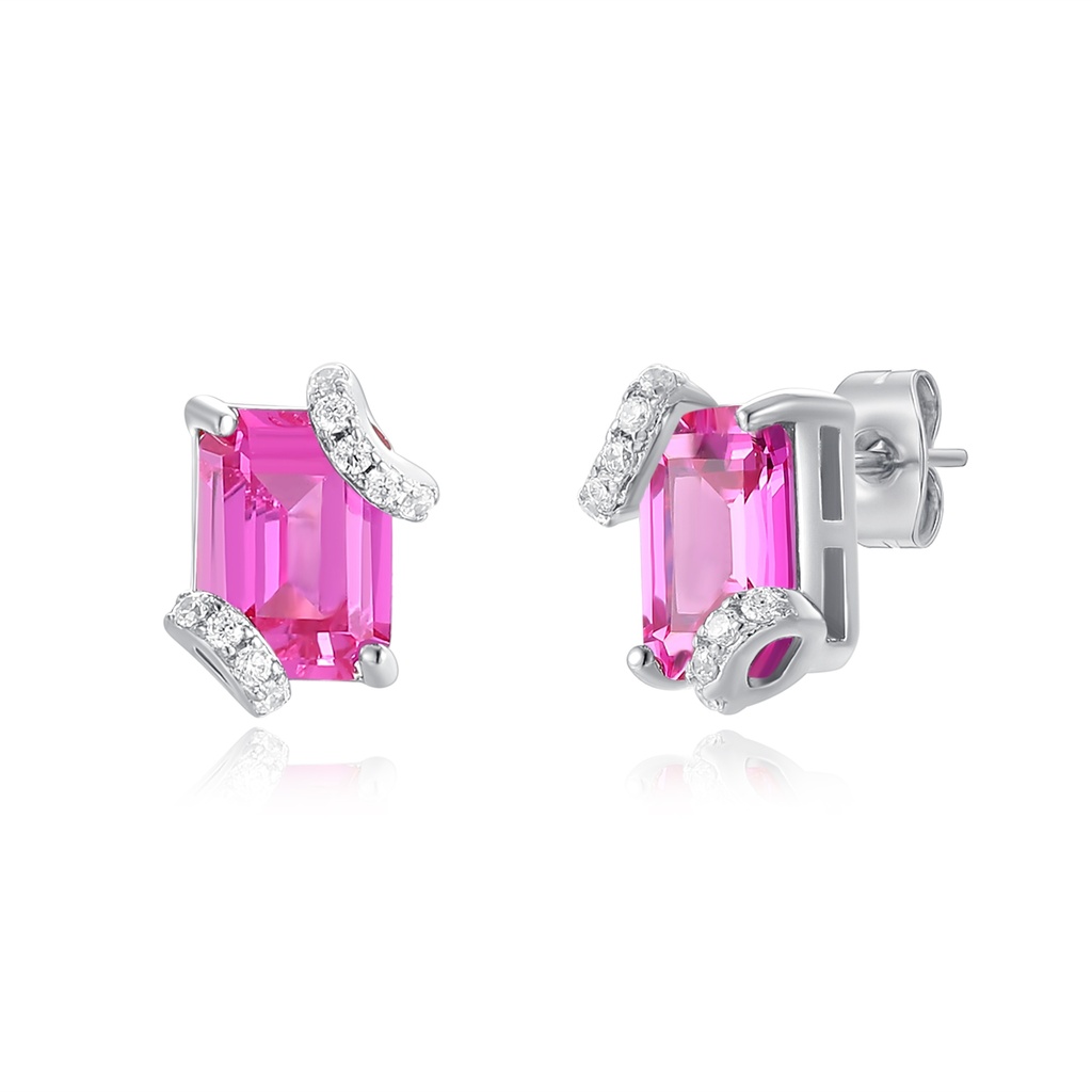 Pink Rectangle Crystal Stainless Steel Stud Earrings with Diamond Accents