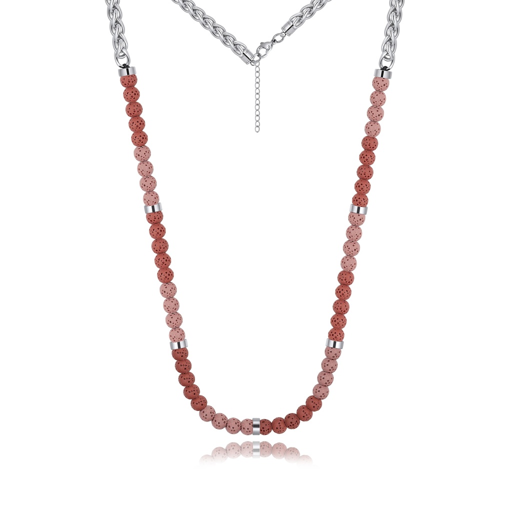 Pink Red Lava Beads Stainless Steel Long Chain Necklace