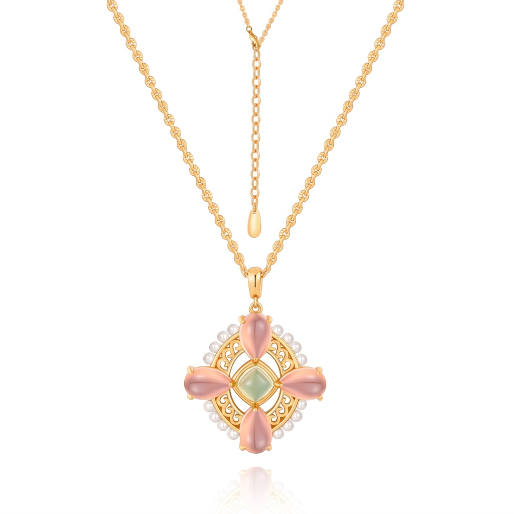 Pink Teardrop Pendant Brass Necklace With Faux Pearls And Gems