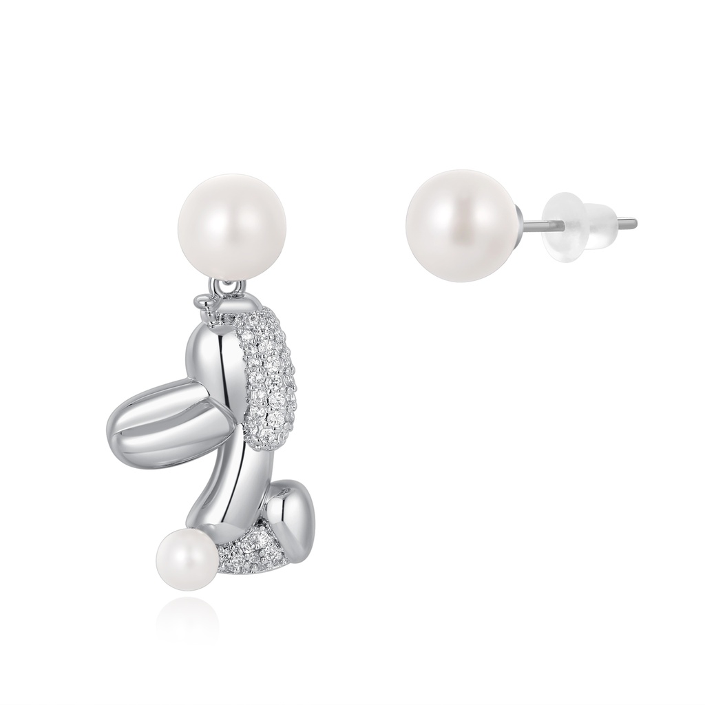 Playful Balloon Dog Pearl Earrings with Silver and Crystal Accents