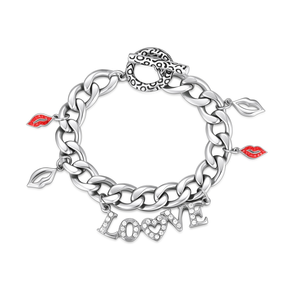 Playful LOVE Charm Stainless Steel Bracelet with Lip Accents
