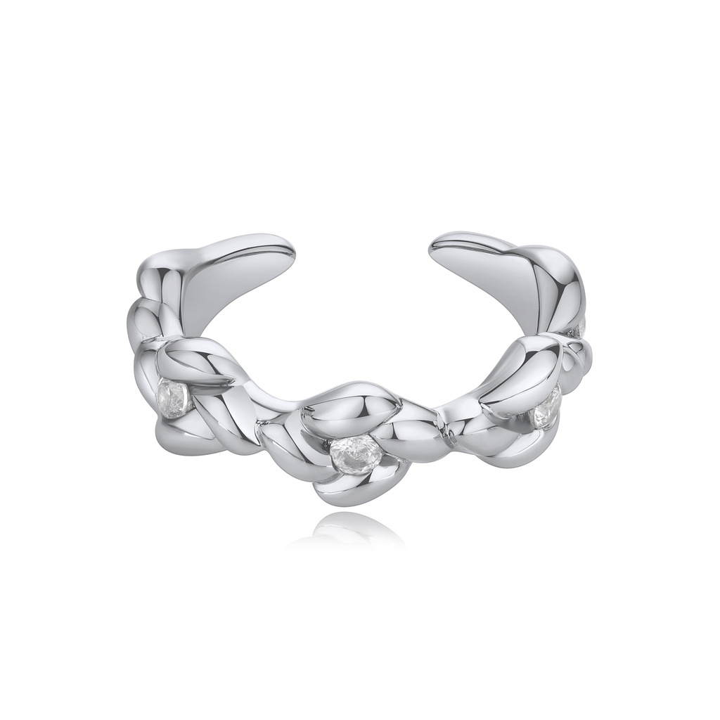 Polished Silver Braided Ring with Embedded Mini Crystals