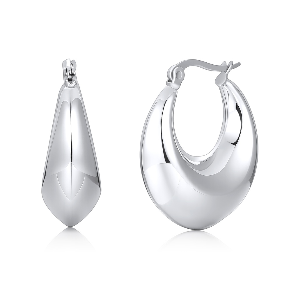 Polished Silver Stainless Steel Hoop Earrings with Teardrop Crescent Shape