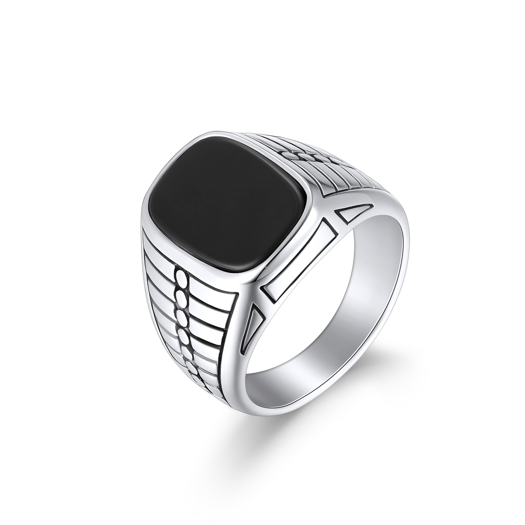 Bold Stainless Steel Black Stone Signet Ring for Men