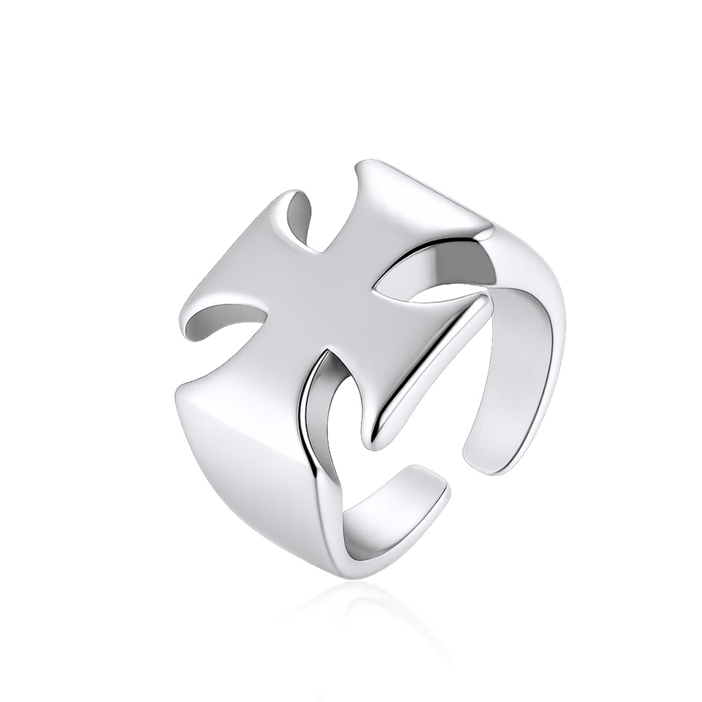 Polished Stainless Steel Cross Ring with Adjustable Open Design