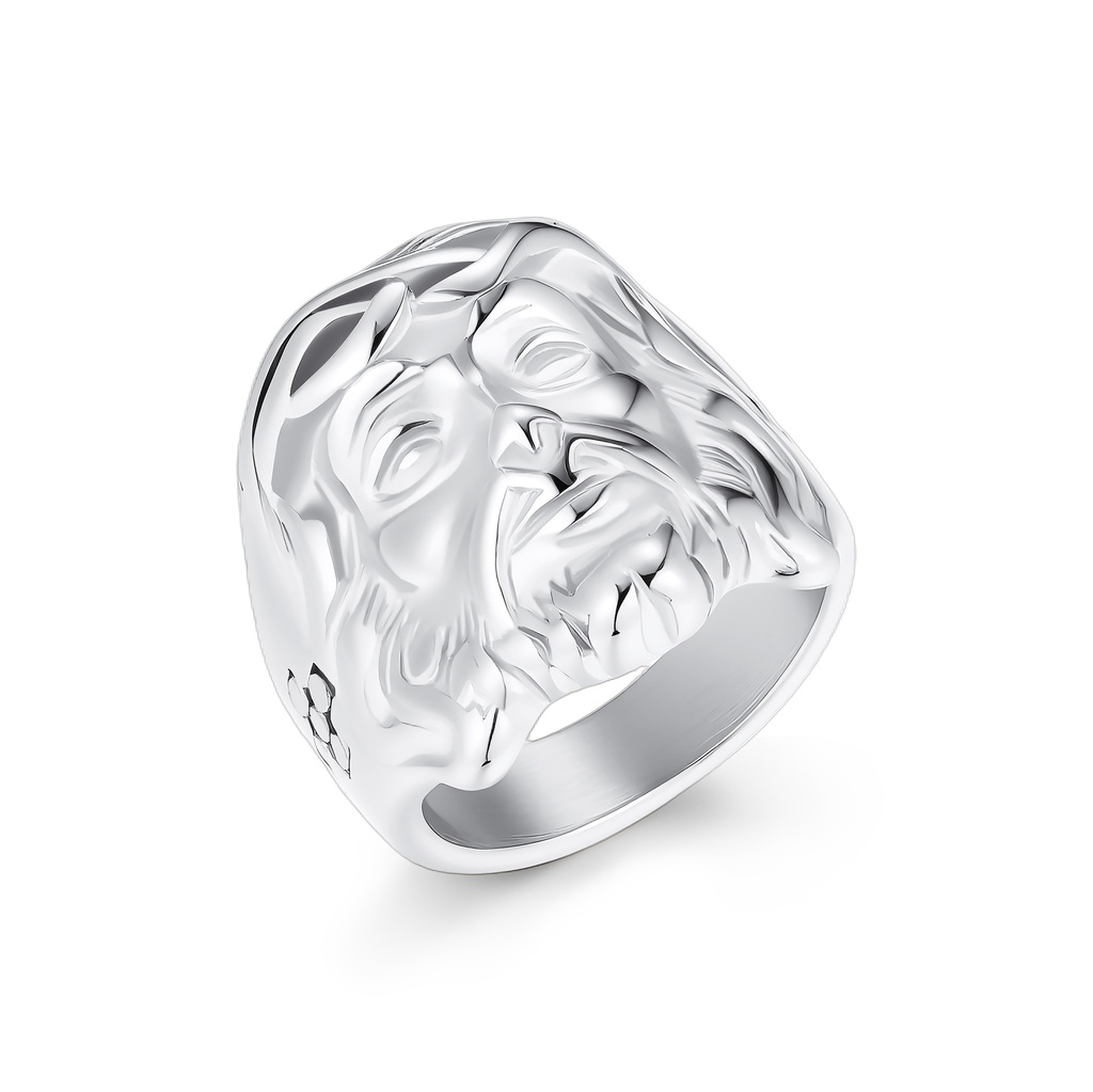 Polished Stainless Steel Jesus Face Ring with Crown of Thorns
