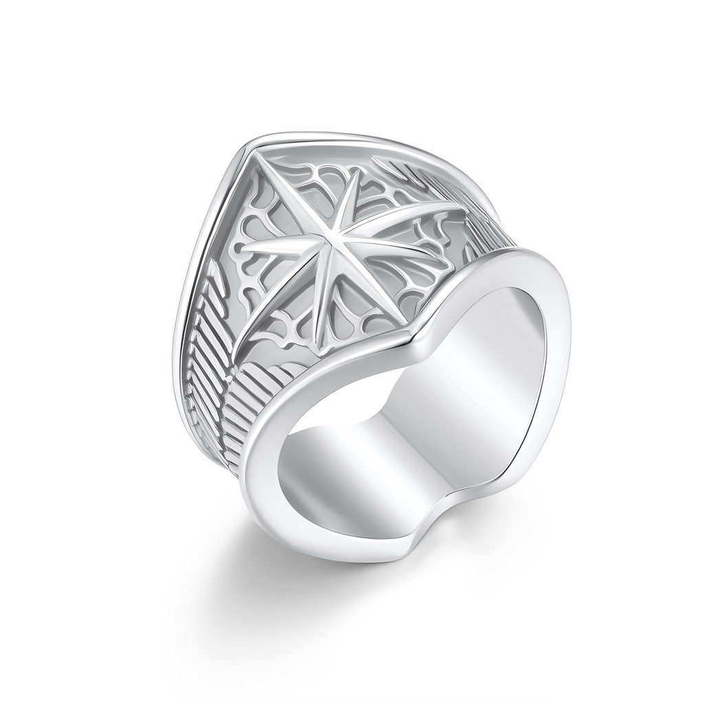 Polished Stainless Steel Ring with Engraved Compass Star Design