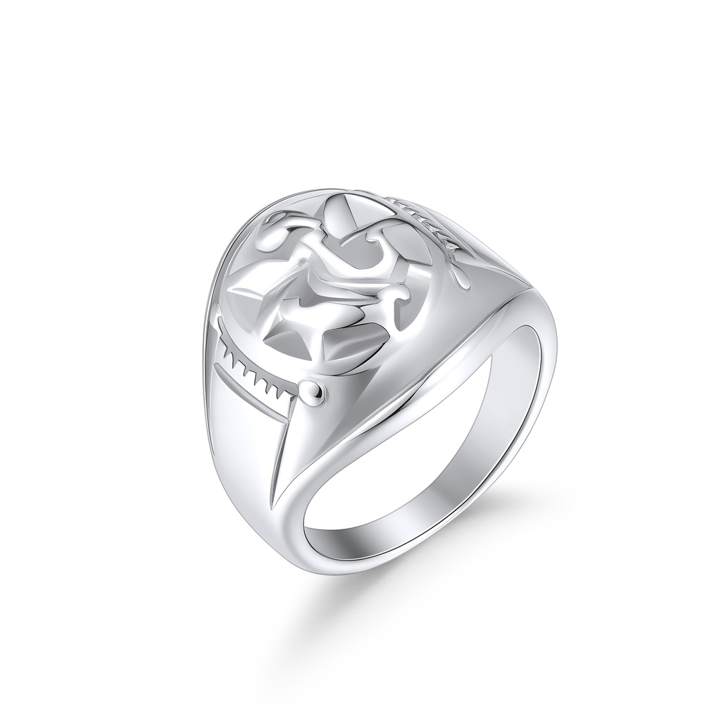 Polished Stainless Steel Signet Ring with Bold Carved Tribal Design