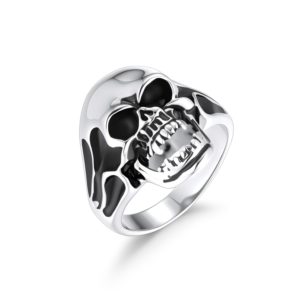 Polished Stainless Steel Skull Ring with Bold Black Accents