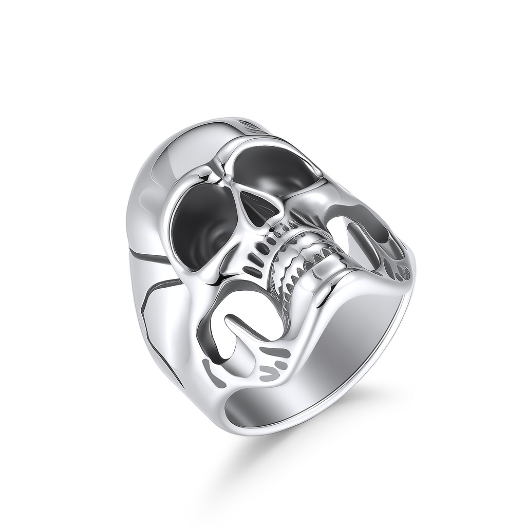 Polished Stainless Steel Skull Ring with Bold Gothic Biker Style