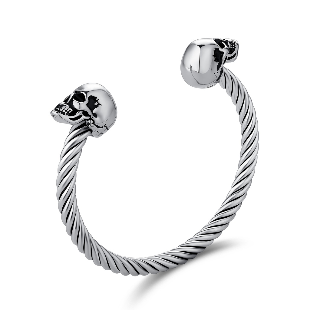 Polished Twisted Rope Stainless Steel Skull Cuff Bracelet for Men
