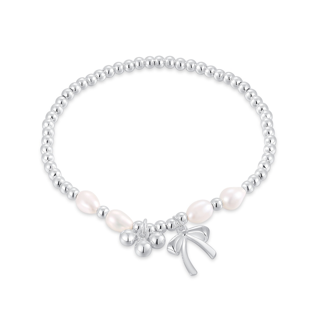 Polished silver bead bracelet with pearl detail and bow charm