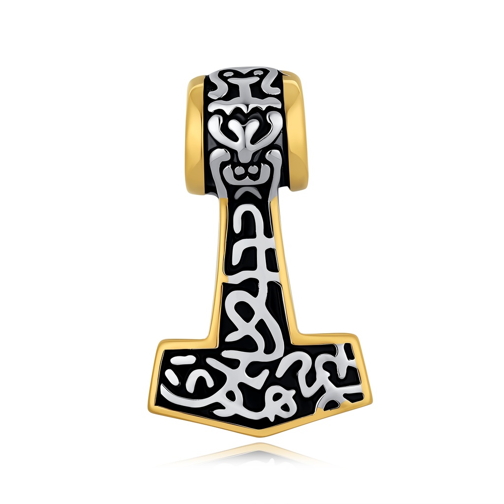 Powerful gold Norse hammer pendant with ancient Viking rune style.