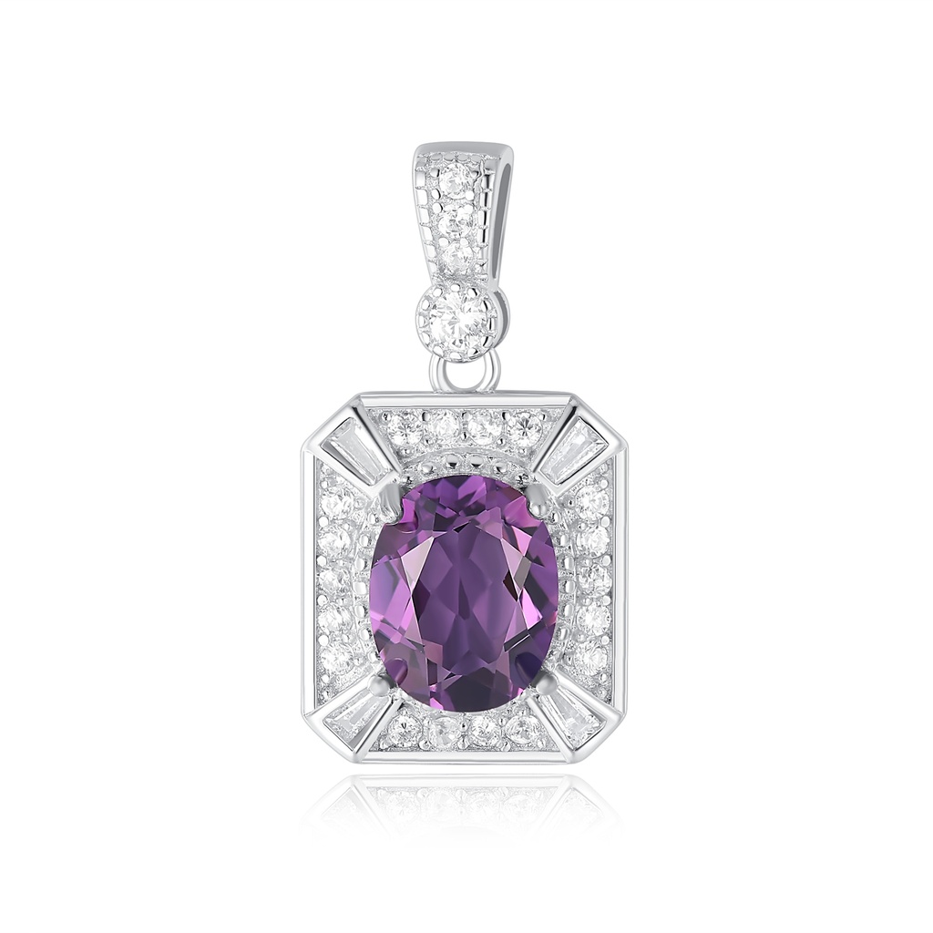Purple Oval Gem Pendant with Rectangular Stainless Steel Frame Elegance
