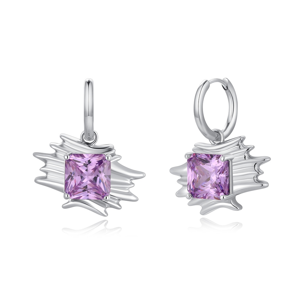 Purple Princess-Cut Earrings with Abstract Silver Frame