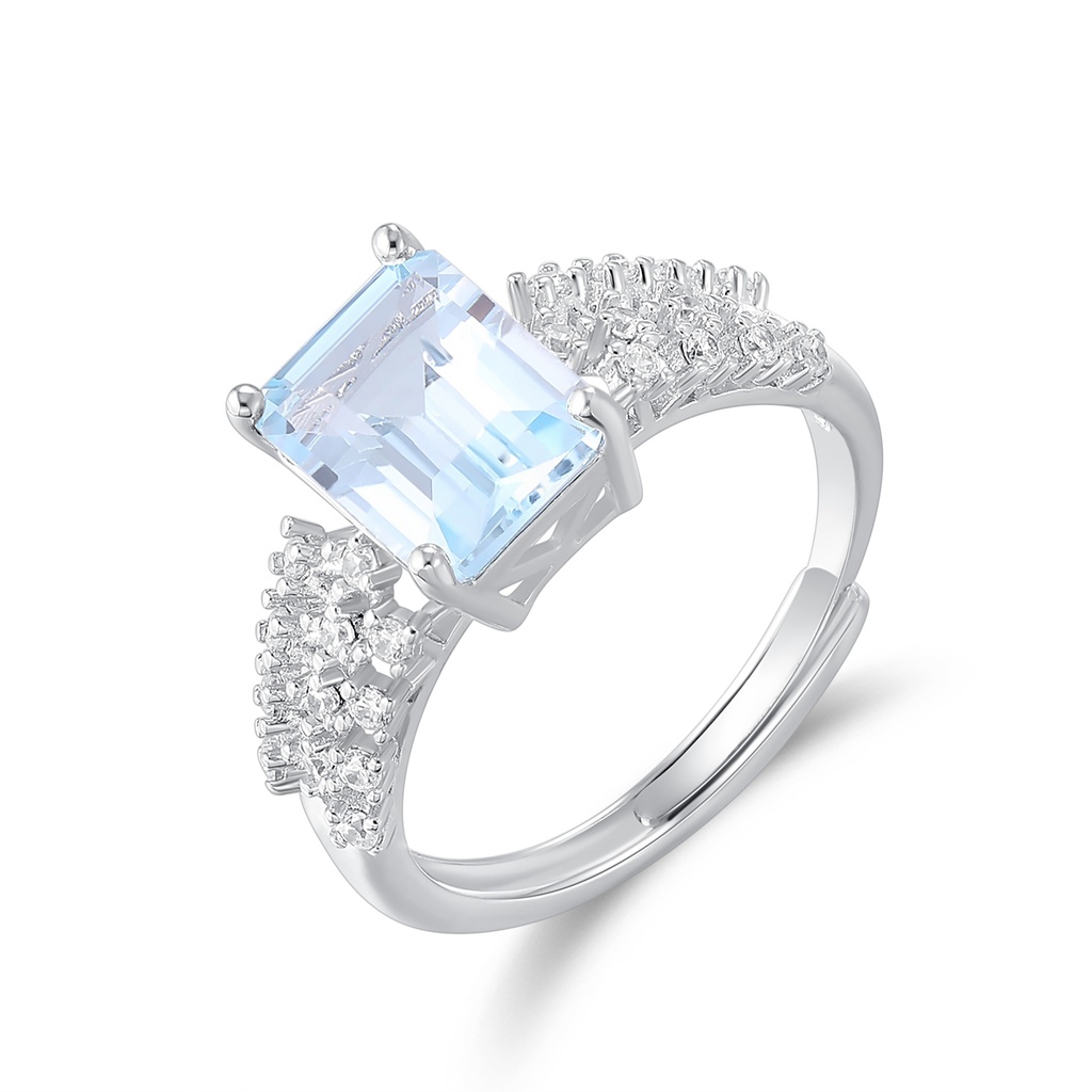 Radiant Blue Emerald-Cut Ring with Double Crystal Pavé Sides