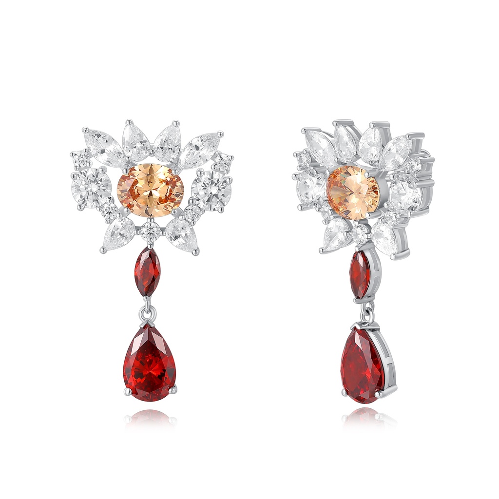 Radiant Gemstone Drop Earrings with Citrine and Ruby Accents