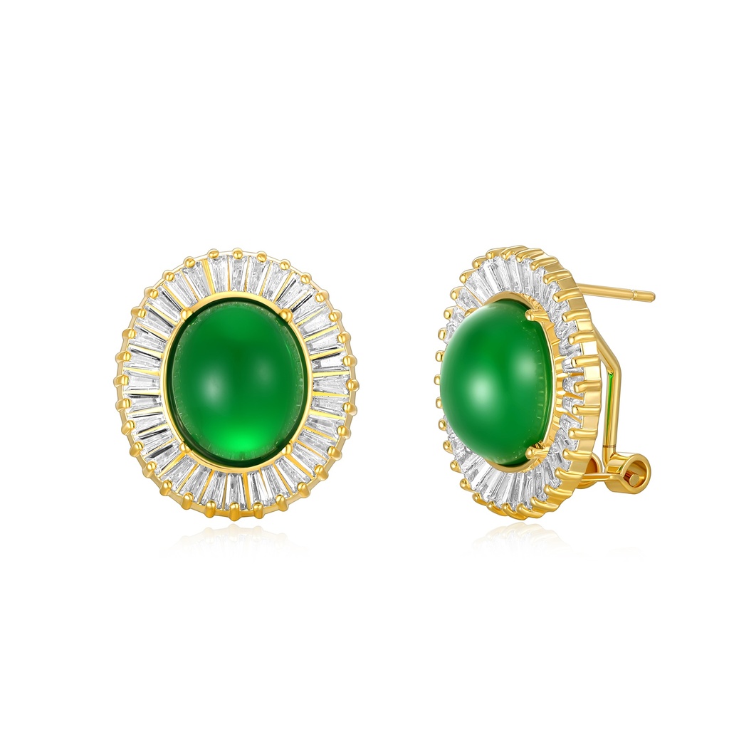 Radiant Green Halo Studs with Sparkling Baguette Accents