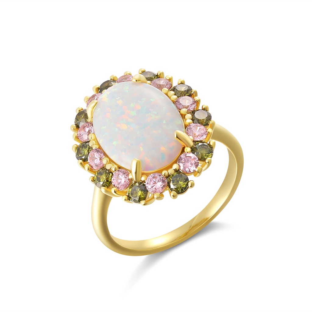 Radiant Oval Opal Ring with Pink and Green Accents
