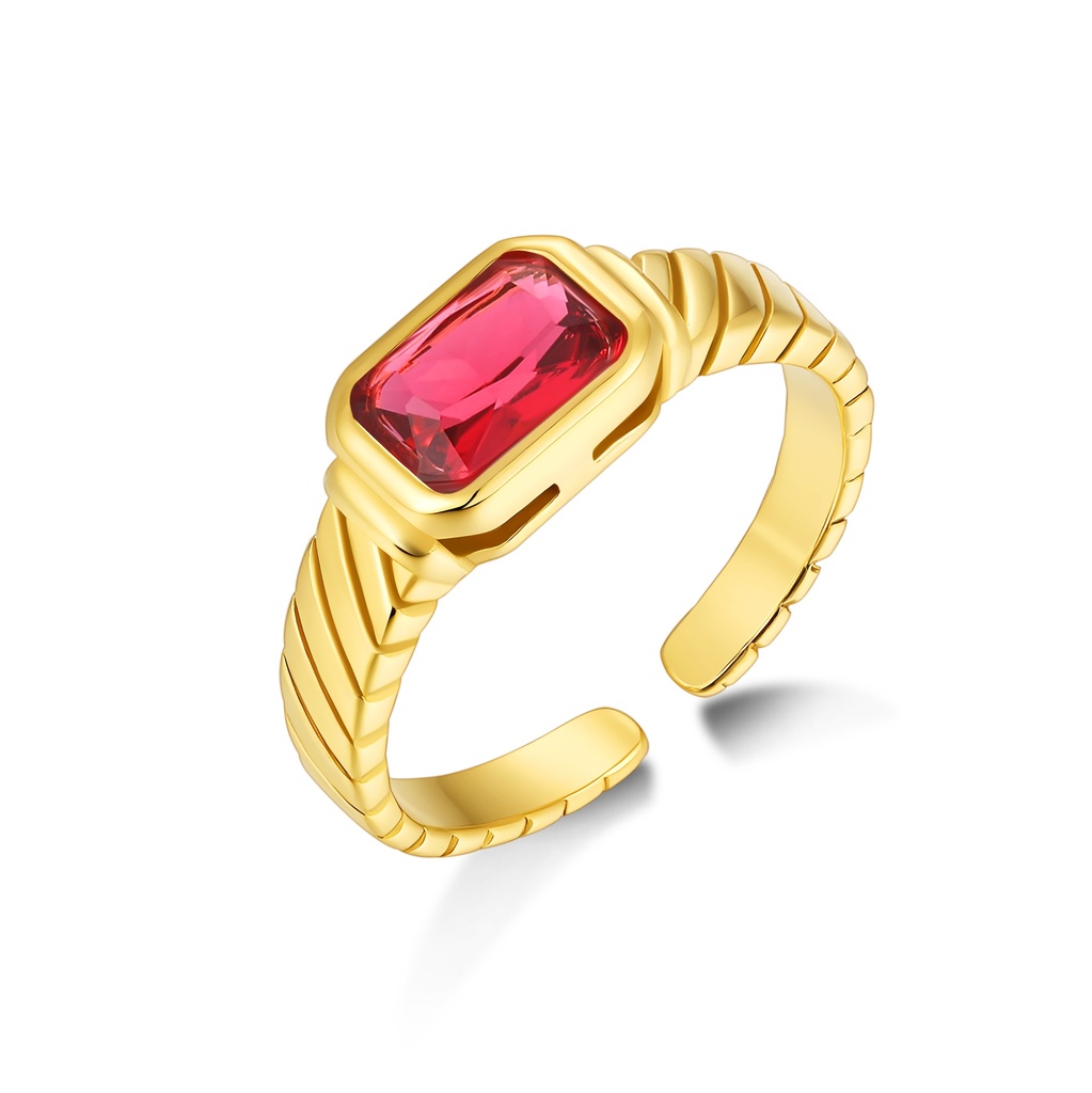 Adjustable Gold Stainless Steel Ring with Red Emerald Cut Stone