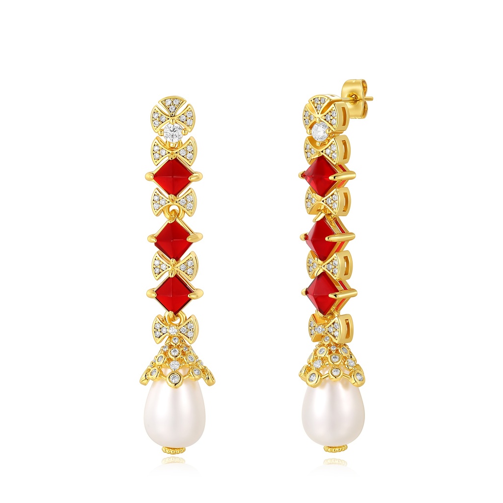 Radiant Red Gemstone Drop Earrings with Pearl Elegance