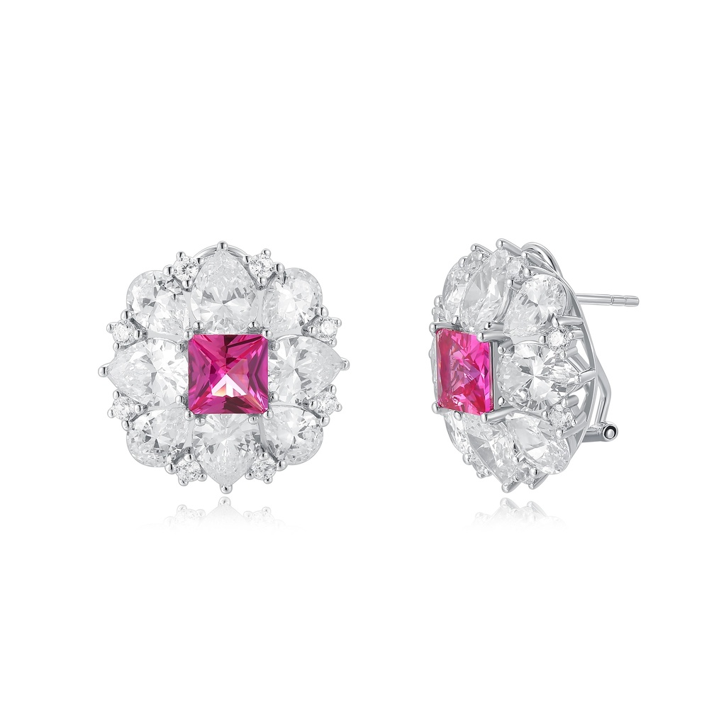 Radiant Stainless Steel Stud Earrings with Pink and Clear CZ
