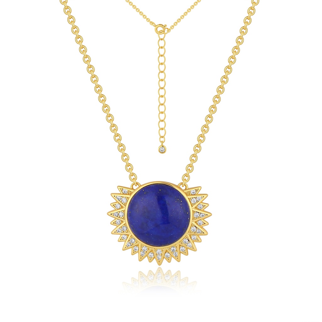 Radiant Sunburst Blue Lapis Pendant on Gold Chain