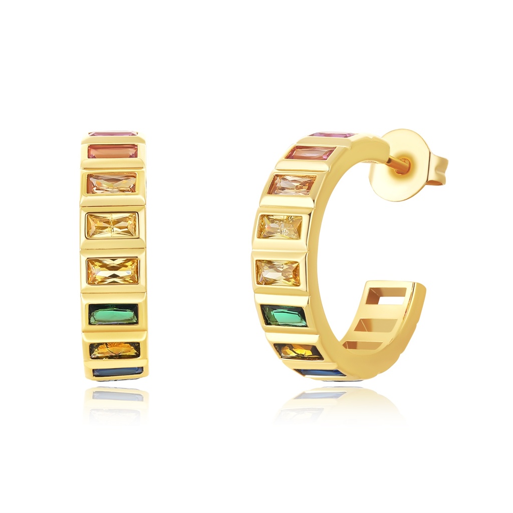 Rainbow Gemstone Hoop Earrings in Gold Brass, Bold Color Pop